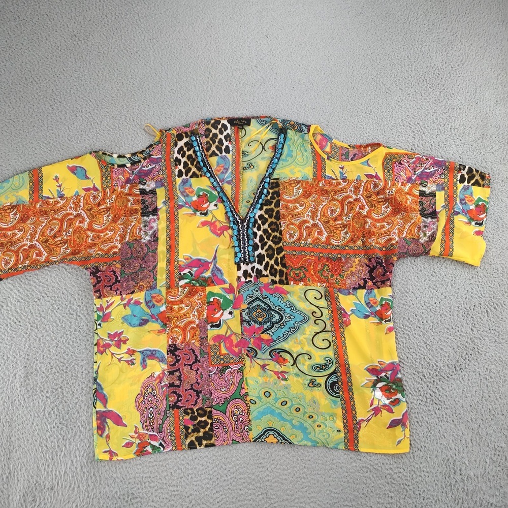 Melissa Paige Blouse Top Womens 1X Patchwork V-Neck Cold Shoulder Beaded Boho